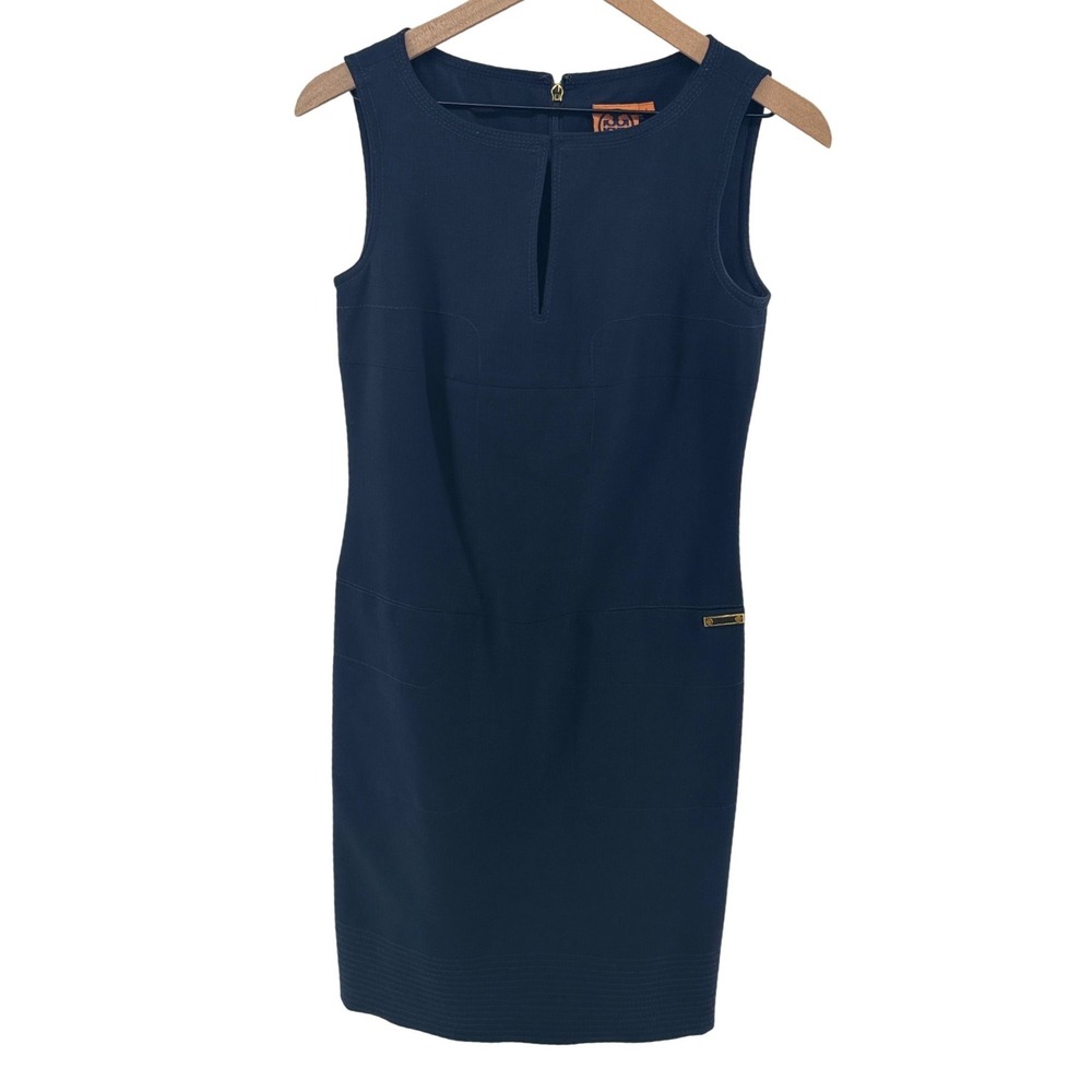 Tory Burch Ola Shift Dress Womens 2 Navy Blue Wool Blend Keyhole Career Workwear